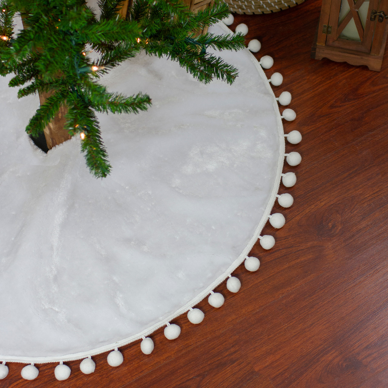 Christmas Tree Skirt with a Pom Pom Border - 48" - White