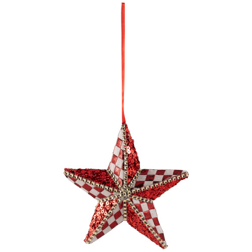 Sequined and Checkered Star Christmas Ornament -  6" - Red