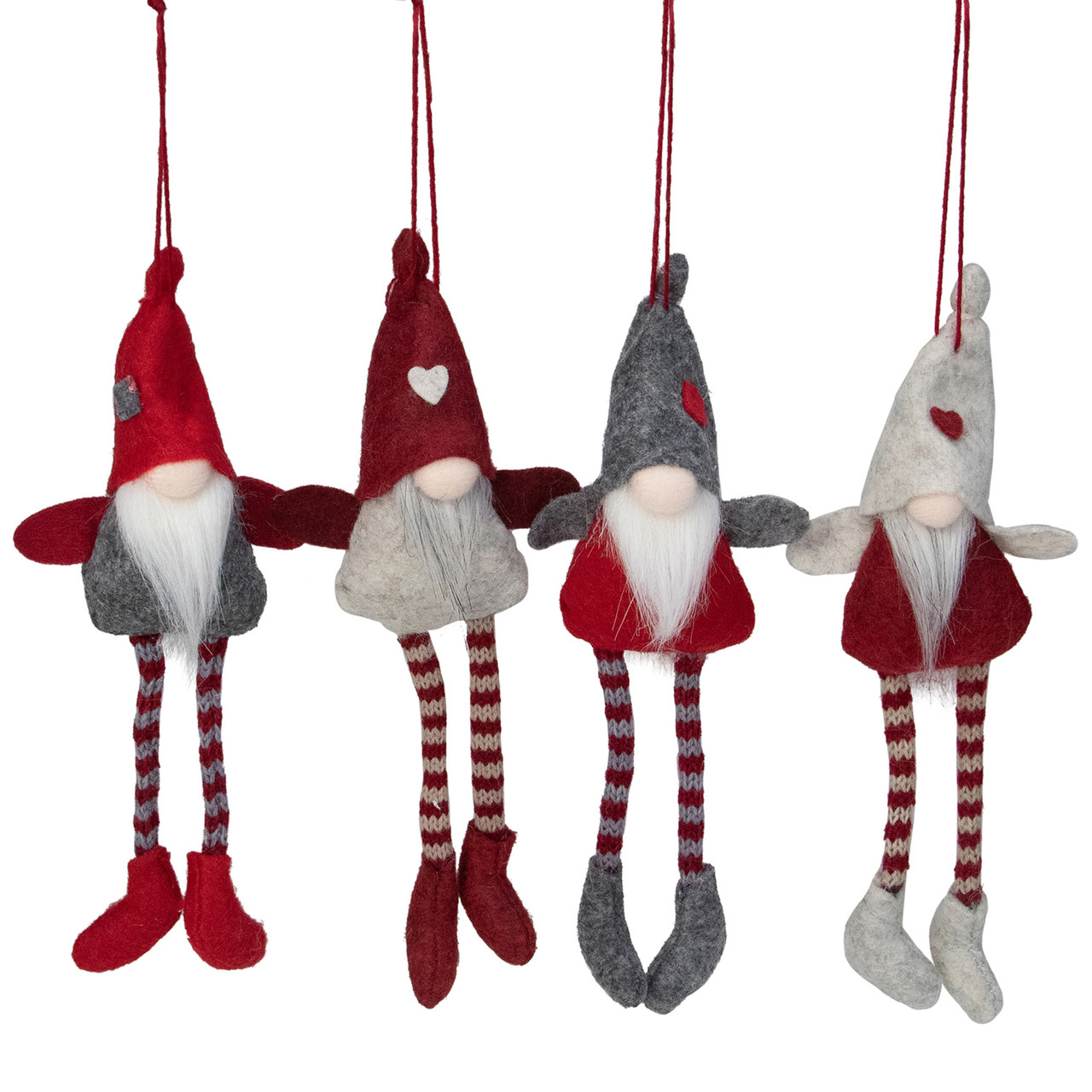 Set of 4 Red and Gray Plush Gnome Christmas Ornaments 9"