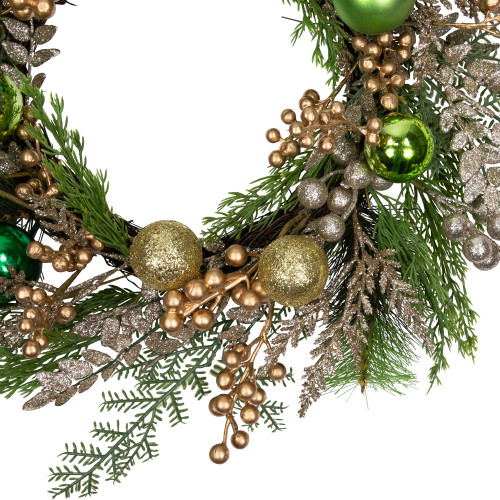 Ornaments and Berries Glittered Artificial Christmas Wreath - 24" - Unlit
