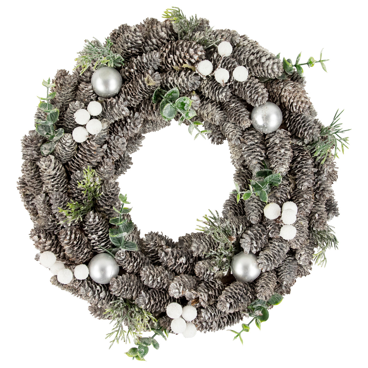 White Berry and Pinecone Foliage Christmas Ornament Wreath, 12.5-Inch, Unlit