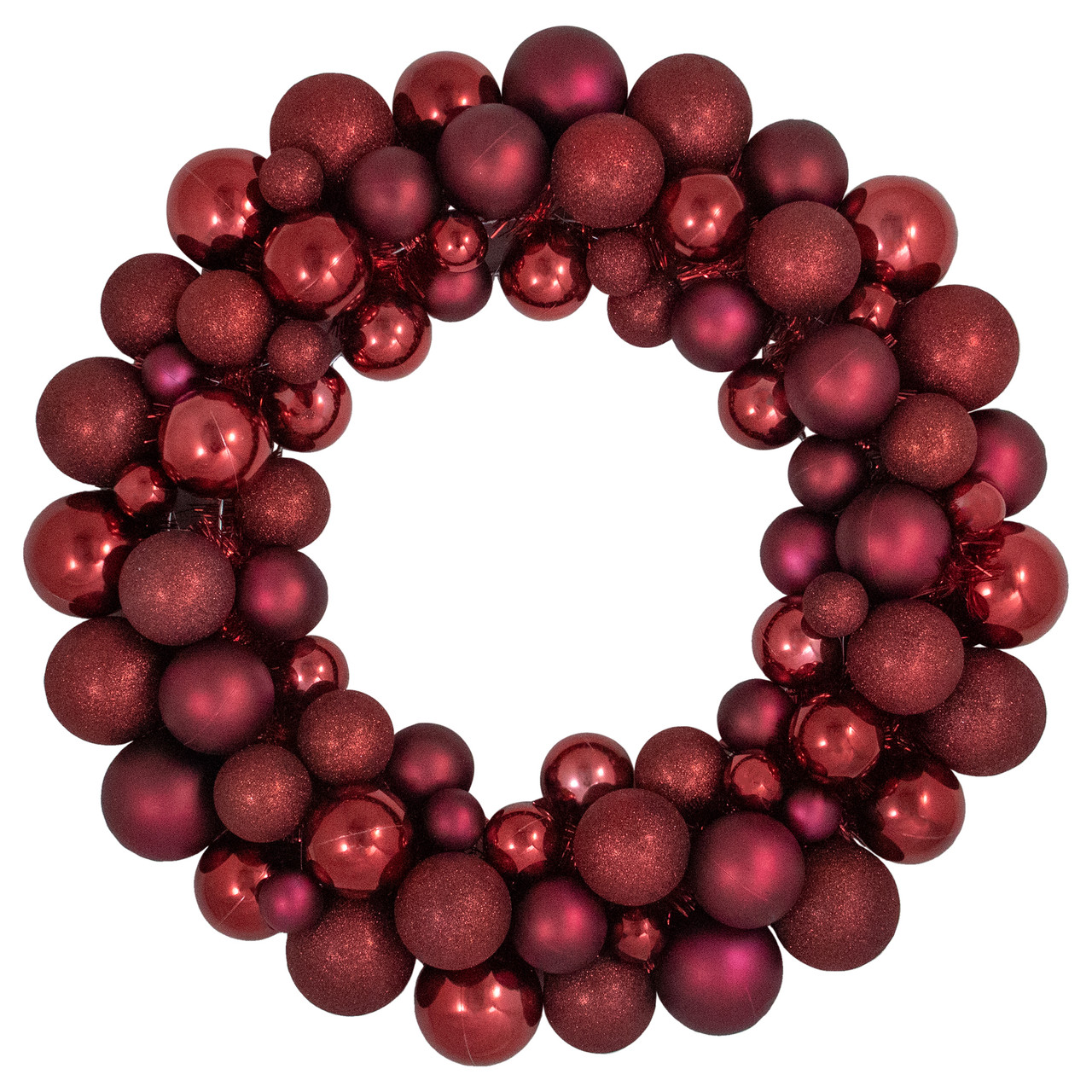 Burgundy 3-Finish Shatterproof Ball Christmas Wreath - 24", Unlit