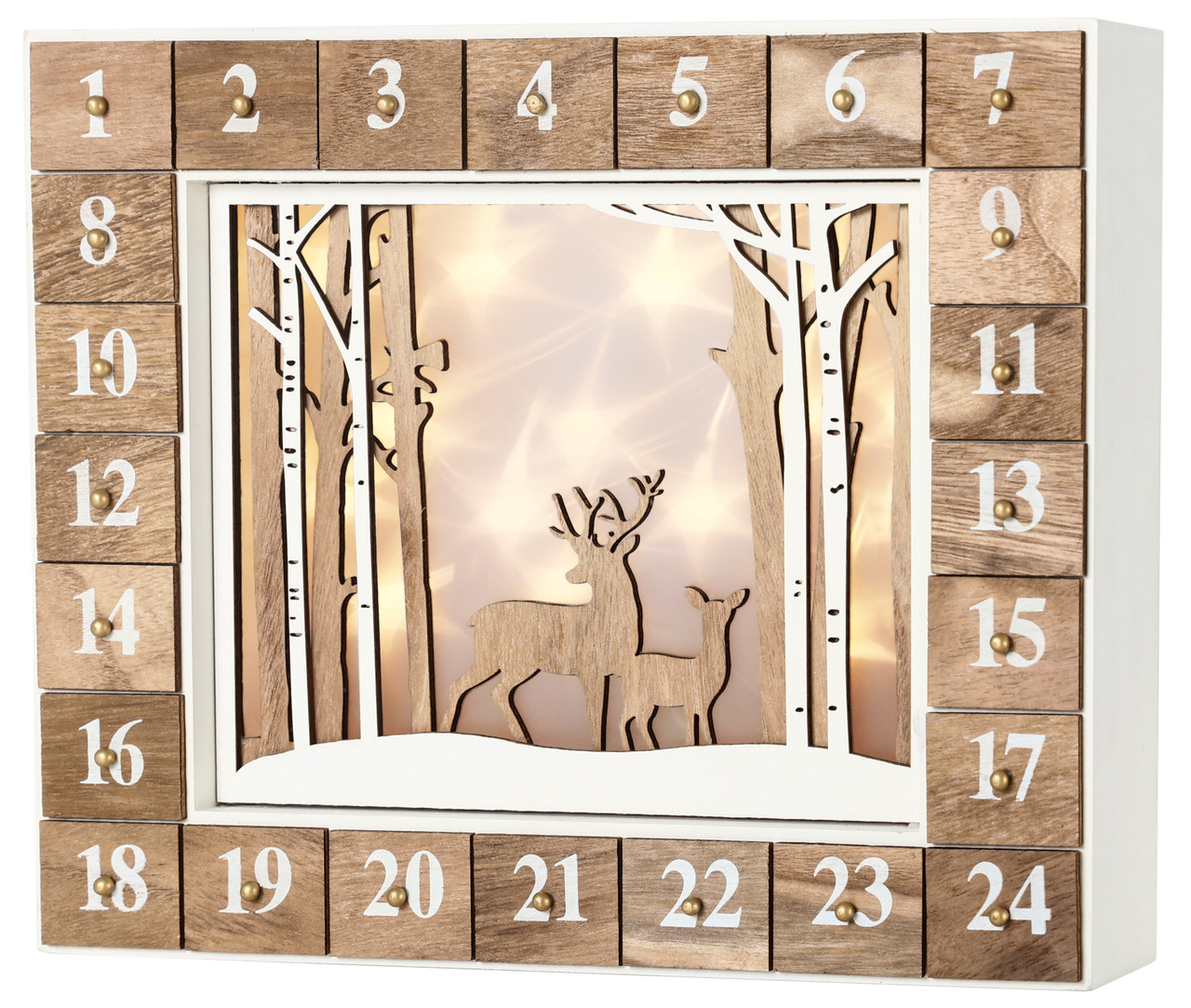 BRUBAKER Reusable Wooden Advent Calendar to Fill - White Winter Landscape with LED Lighting - DIY Christmas Calendar 13.98 x 2.36 x 10.63 inches