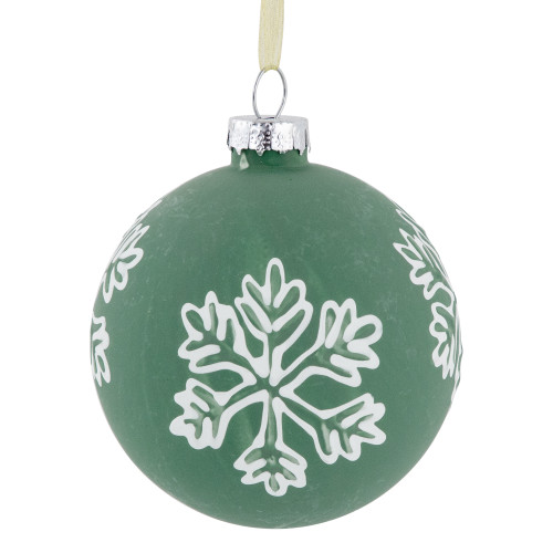 4ct Green Glass Christmas Ball Ornaments with White Snowflakes 3" (80mm)