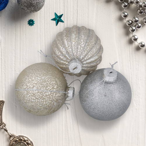 Glittered and Matte Finish Christmas Glass Ball Ornaments - 3" (80mm) - Silver - 9ct