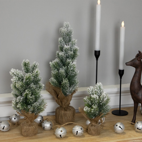 Mini Flocked Pine Artificial Christmas Trees with Burlap Base - 18" - Set of 3