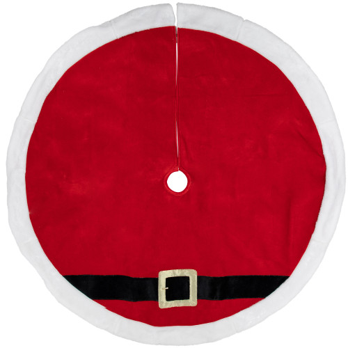 48" Red and White Velveteen Santa Claus Belt Buckle Christmas Tree Skirt