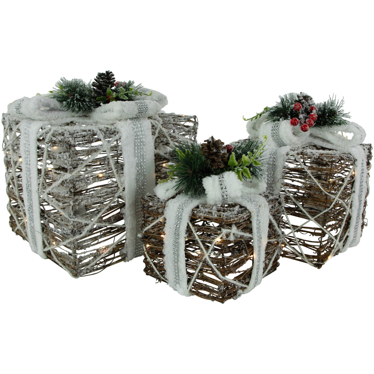 LED Lighted Gift Boxes with Pine and Berries Christmas Decorations - 9.75" - Set of 3