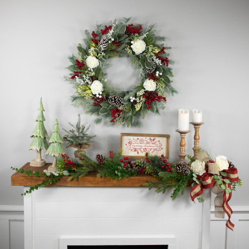 Real Touch?? Mixed Foliage and Roses Artificial Christmas Wreath 30" - Unlit