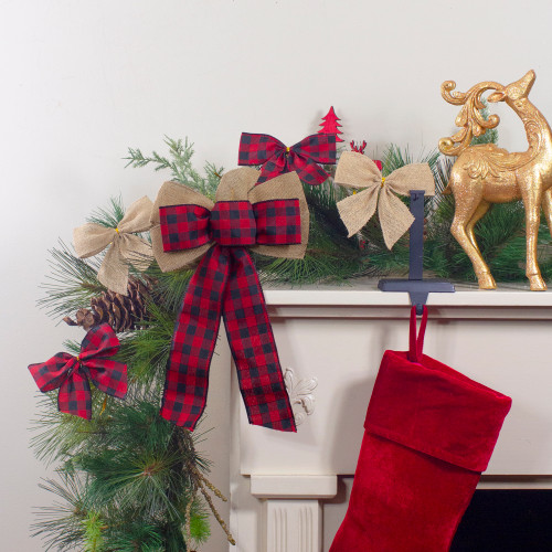 Burlap and Buffalo Plaid 6-Loop Christmas Bow Decoration - 9" x 14"