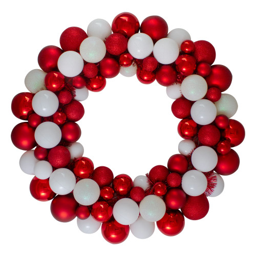 White and Red 3-Finish Shatterproof Ball Christmas Wreath - 24-Inch, Unlit