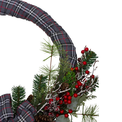 Gray and Red Plaid Artificial Christmas Wreath with Red Berries - 24-Inch, Unlit