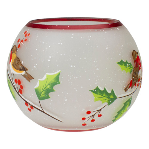 5-Inch Hand Painted Finches and Pine Flameless Glass Candle Holder