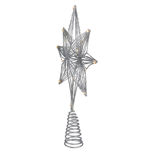 13.75" LED Lighted B/O Silver Glittered Geometric Star Christmas Tree Topper - Warm White Lights