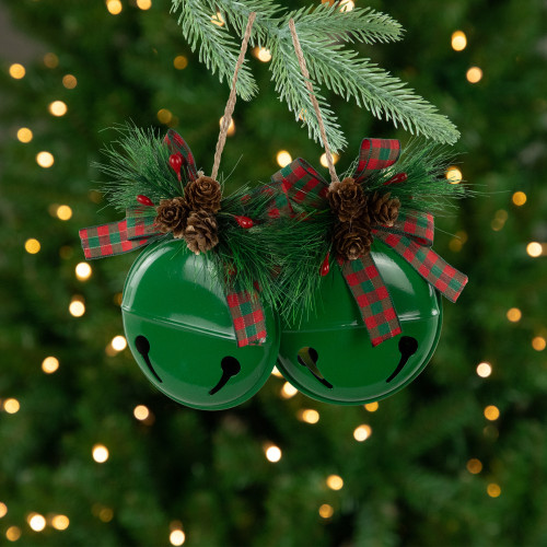 Jingle Bells with Bow and Pinecones Christmas Disc Ornaments - Green - 5" - Set of 2