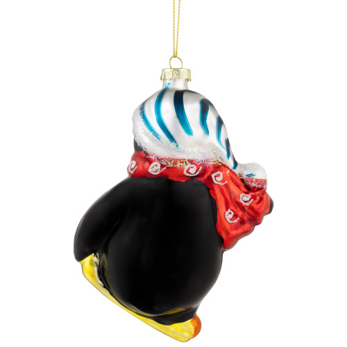 4.25" Snowboarding Penguin Glass Christmas Ornament