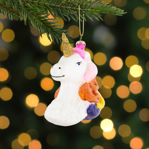 4�� Rainbow Unicorn Bust Hanging Glass Christmas Ornament