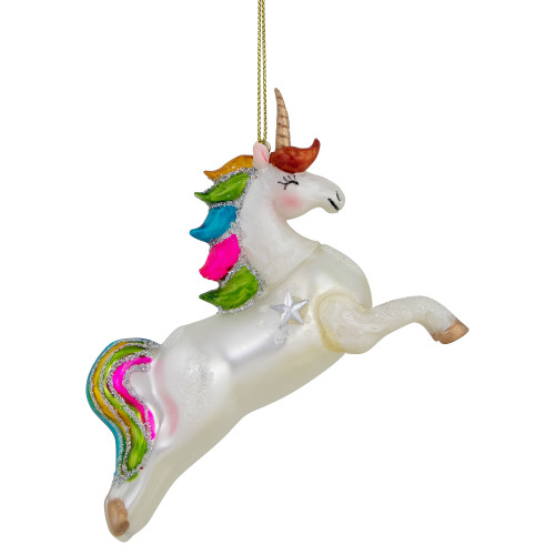 4.5" White Unicorn with Rainbow Mane Glittered Christmas Glass Ornament