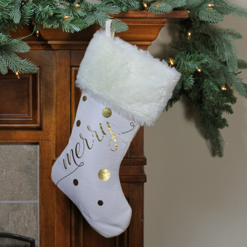 19" Ivory White Gold Foil "Merry" Christmas Stocking with White Faux Fur Cuff