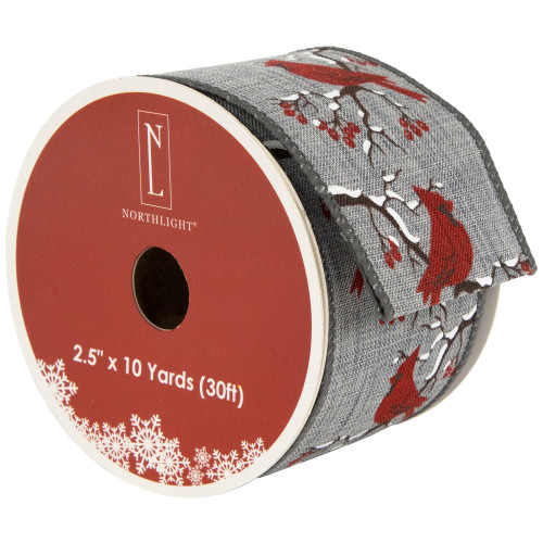 Gray and Red Cardinal Wired Craft Christmas Ribbon 2.5" x 10 Yards
