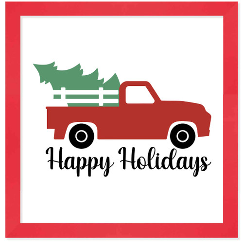Happy Holidays Red Truck 15.5" x 15.5" Framed Christmas Wall Decor Art Print Sign Poster in a Red Wooden Frame with UV Acrylic and Hangers