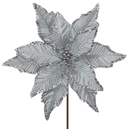25" Glittered Silver Poinsettia Christmas Stem Spray