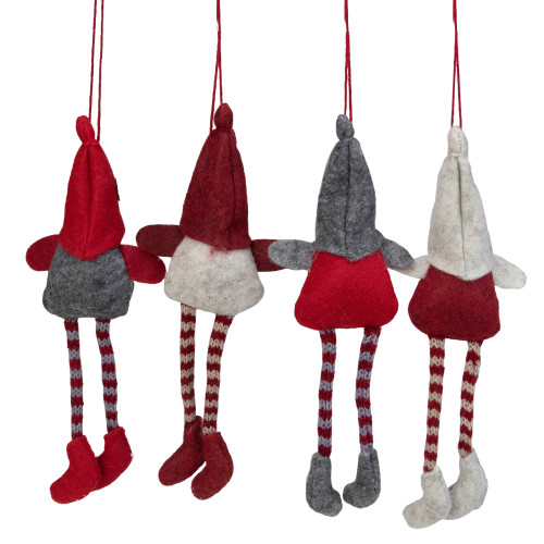 Set of 4 Red and Gray Plush Gnome Christmas Ornaments 9"