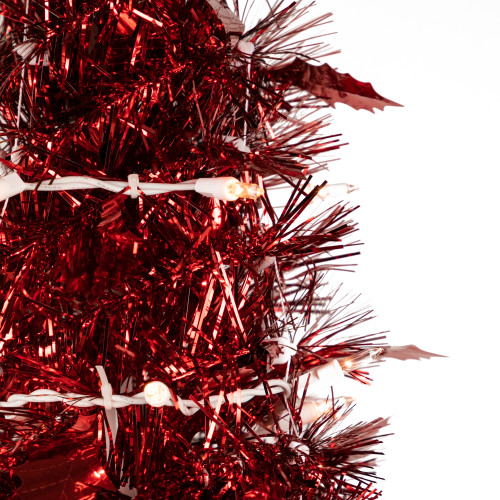 4' Pre-Lit Red Pop-Up Tinsel Christmas Tree, Clear Lights