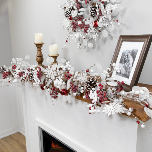Berries and Snowflakes Artificial Christmas Garland - 6' x 8" - Red and White - Unlit