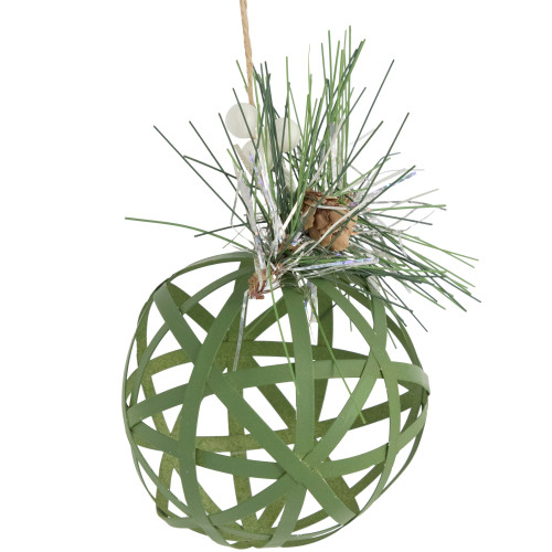 5" Green Rattan Style Christmas Ball Ornament with Pine Cone