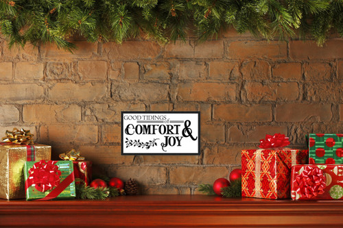 Good Tiding of Comfort and Joy 7.5" x 13.5" Framed Christmas Wall Decor Art Print Sign Poster in a Black Wooden Frame with UV Acrylic and Hangers