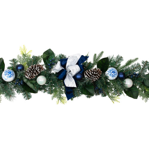 Frosted Pine with Blueberries, Bows and Ornaments Christmas Garland - 6' x 8" - Unlit