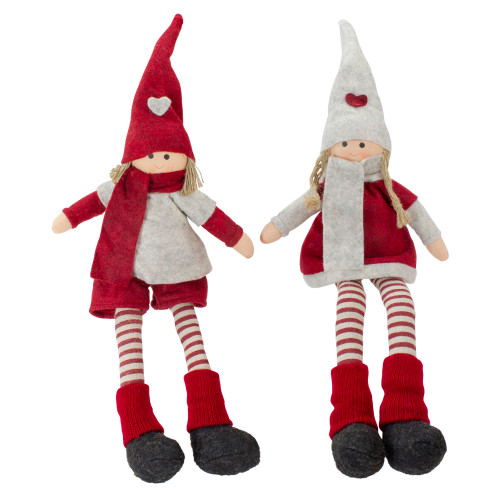 Plush Boy and Girl Sitting Christmas Figures - 19" - Red and Beige - Set of 2