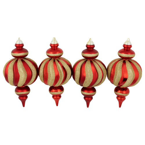 Shatterproof Commercial Size Finial Christmas Ornaments - 10" - Red and Gold - Set of 4