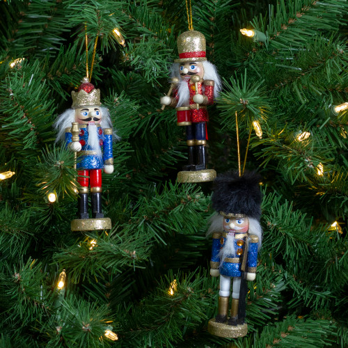 Set of 3 Glittery Nutcracker King, Soldier and Drummer Ornaments 5.25"