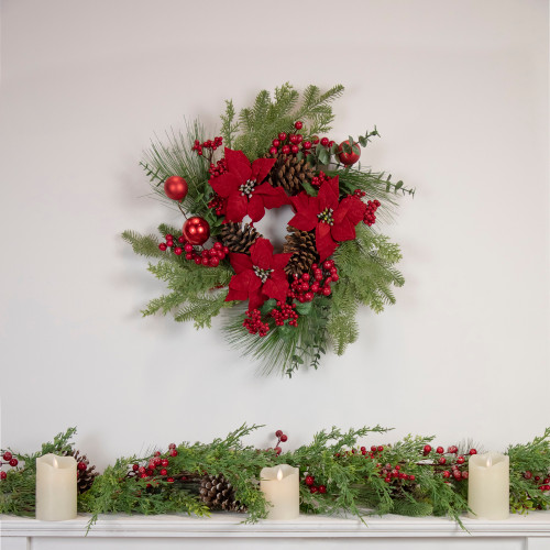 Berry and Poinsettia Artificial Christmas Wreath - 22" - Unlit