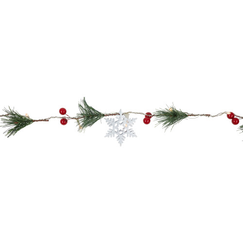 Pre-Lit B/O Pine, Berry and Snowflake Christmas Garland - 6' - Warm White LED Lights