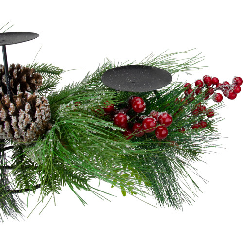 32" Iced Mixed Pine, Berries and Pine Cones Christmas Pillar Candle Holder
