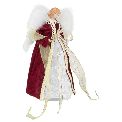 Angel with Lighted Candle Christmas Tree Topper - 14" - Burgundy and White