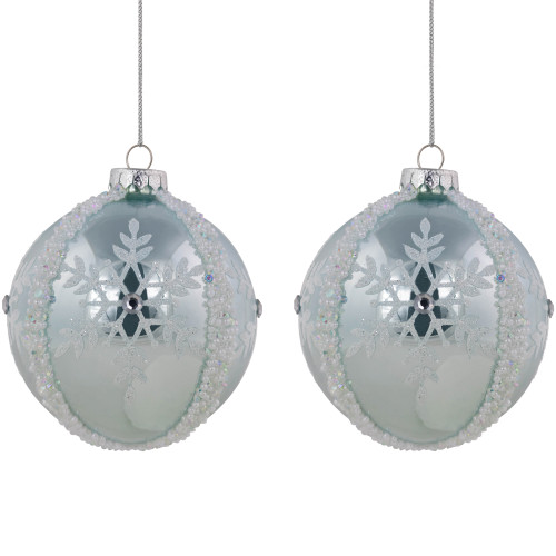 Set of 2 Sky Blue Glittered and Beaded Snowflake Glass Christmas Ball Ornaments 4"
