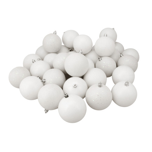 32ct Winter White 4-Finish Shatterproof Christmas Ball Ornaments 3.25" (80mm)