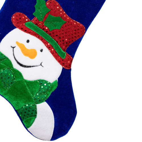 20" Royal Blue Embroidered Velveteen Snowman Christmas Stocking with White Cuff