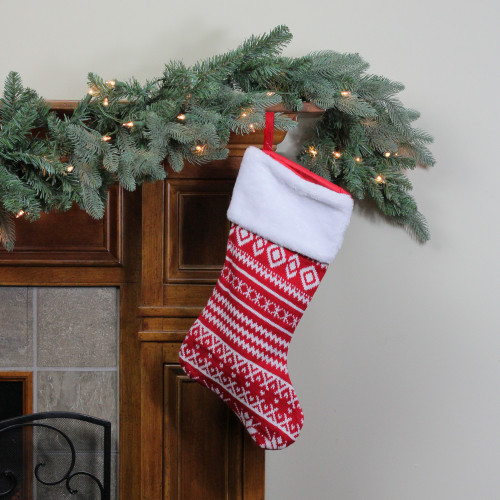 22" Red and White Rustic Lodge Knit Christmas Stocking with Cuff