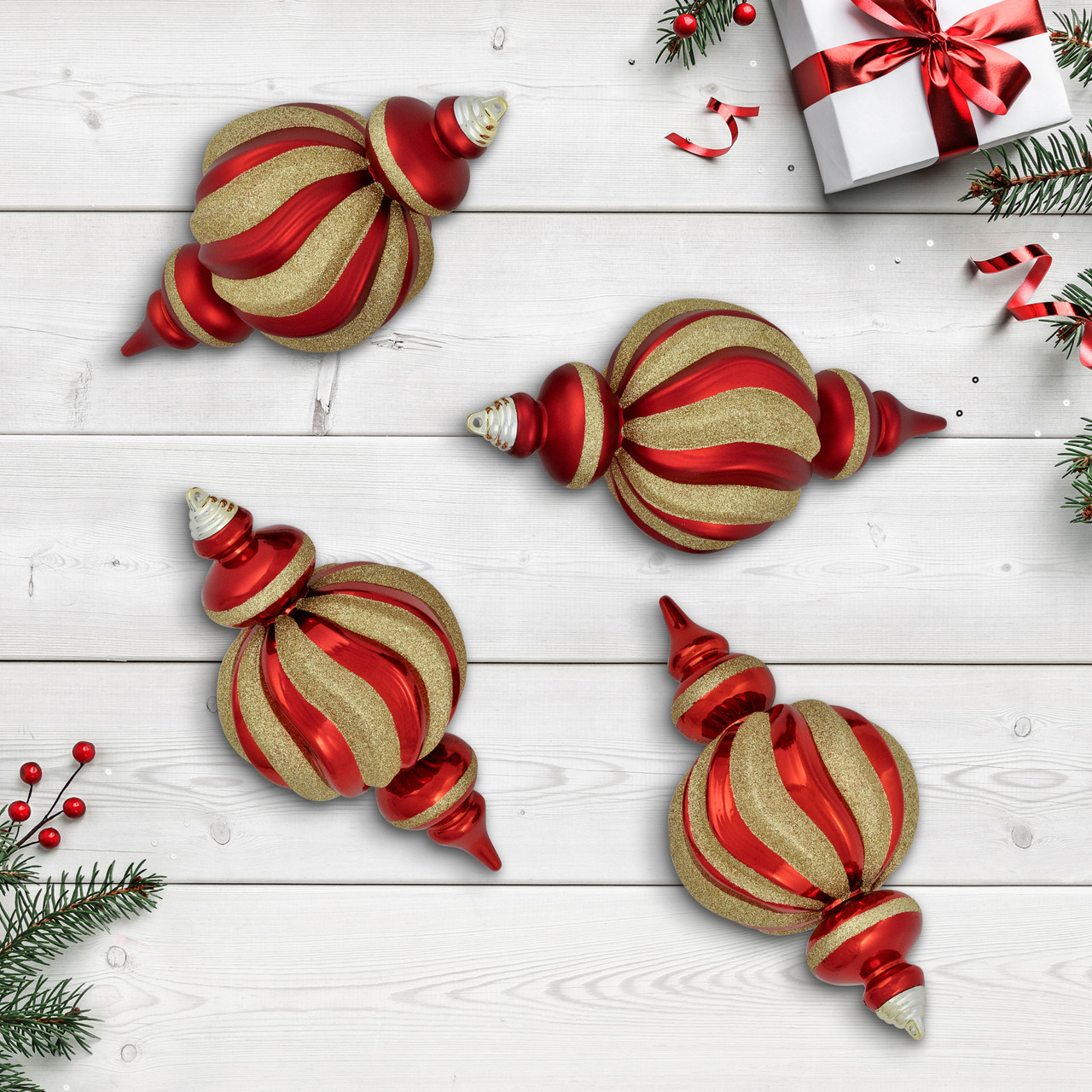 Shatterproof Commercial Size Finial Christmas Ornaments - 10" - Red and Gold - Set of 4