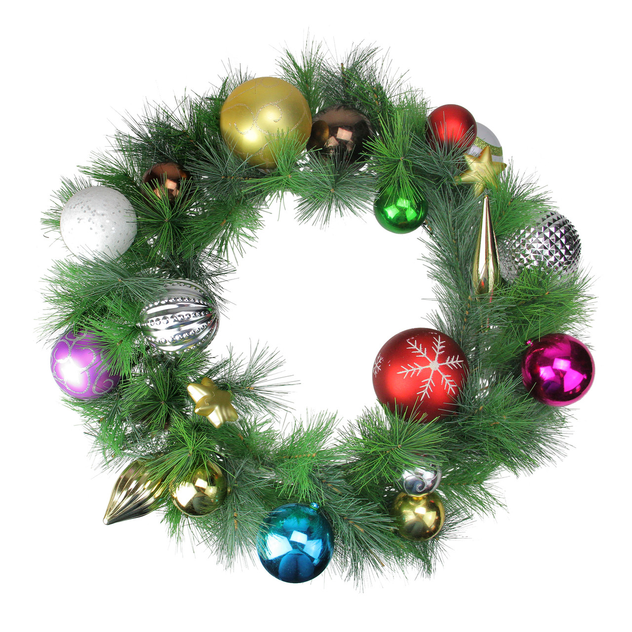 Ornaments and Pine Needle Artificial Christmas Wreath - 24" - Multicolor - Unlit