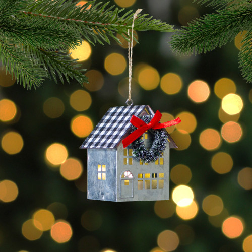 3.5" LED Lighted Galvanized House with Wreath Christmas Ornament