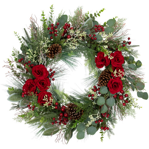 Real Touch?? Roses and Berries Artificial Christmas Wreath - 30" - Unlit