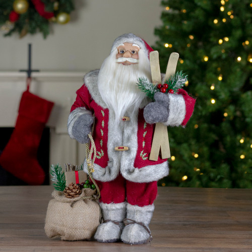 18" Standing Santa Christmas Figure with Skis and Fur Boots