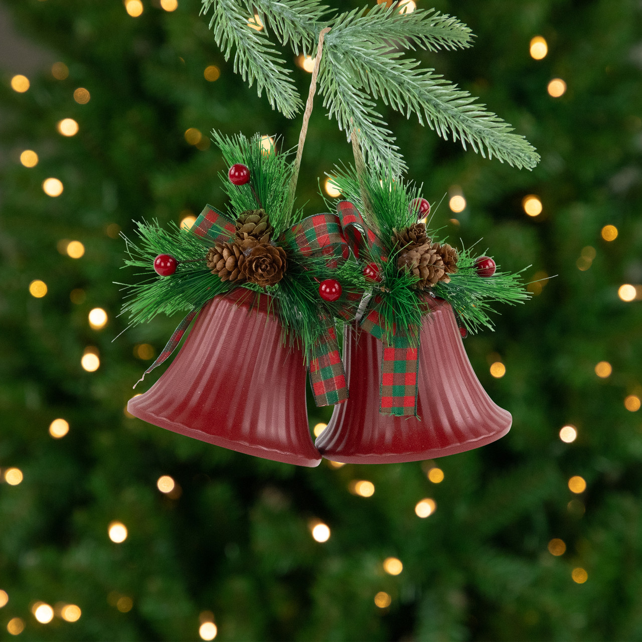 Bells with Pine Sprigs and Bow Christmas Ornaments- 7" - Red - Set of 2
