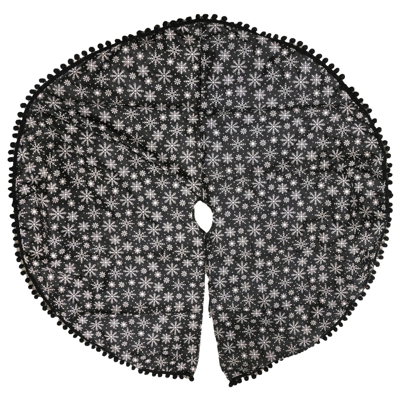 Lightweight Black 48 Inch Snowflakes & Pom Poms Holiday Christmas Tree Skirt